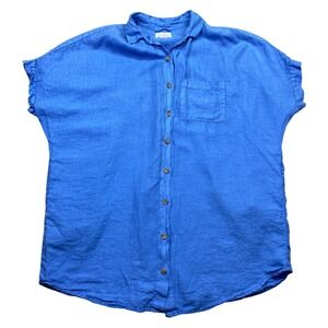 Velvet by Graham Spencer Maria Blue Linen Short Sleeve Button Up Shirt M Boho